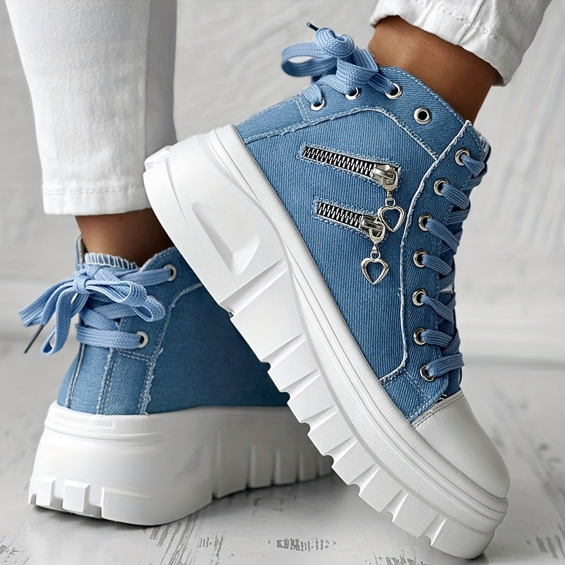 Baskets Femme en Denim à Lacets – Fermeture Éclair, Semelle Douce | Fashion Mode Décontractée