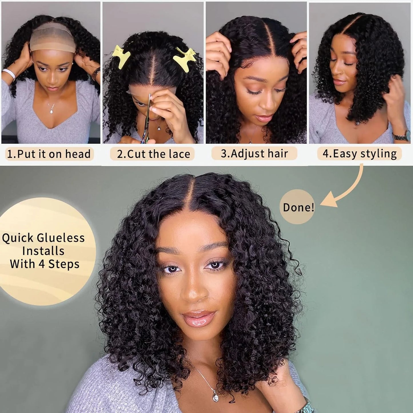 Perruque Bob Bouclée en Cheveux Humains 12A, Lace Frontal 180%, Sans Colle, Ondulée