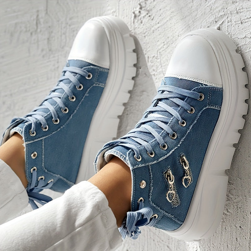 Baskets Femme en Denim à Lacets – Fermeture Éclair, Semelle Douce | Fashion Mode Décontractée